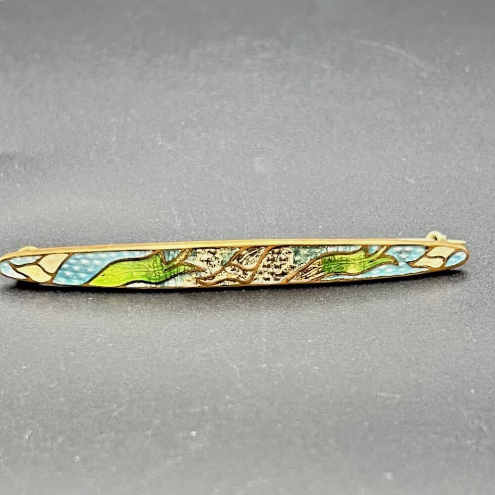 Antique Hand Painted Cloisonne Enamel on Copper Floral Brooch Pin